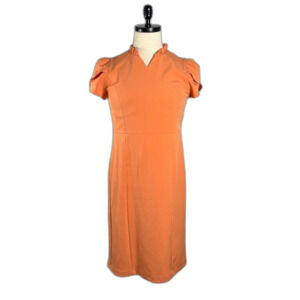 Nanette Lepore Peachy Orange Pencil Dress Tulip Sleeves, Ruffle V-Neck Sz 8